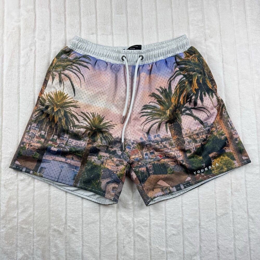 YoungLA After Party Shorts Men M Stretch Double Mesh Athletic Gym City Palm Tree